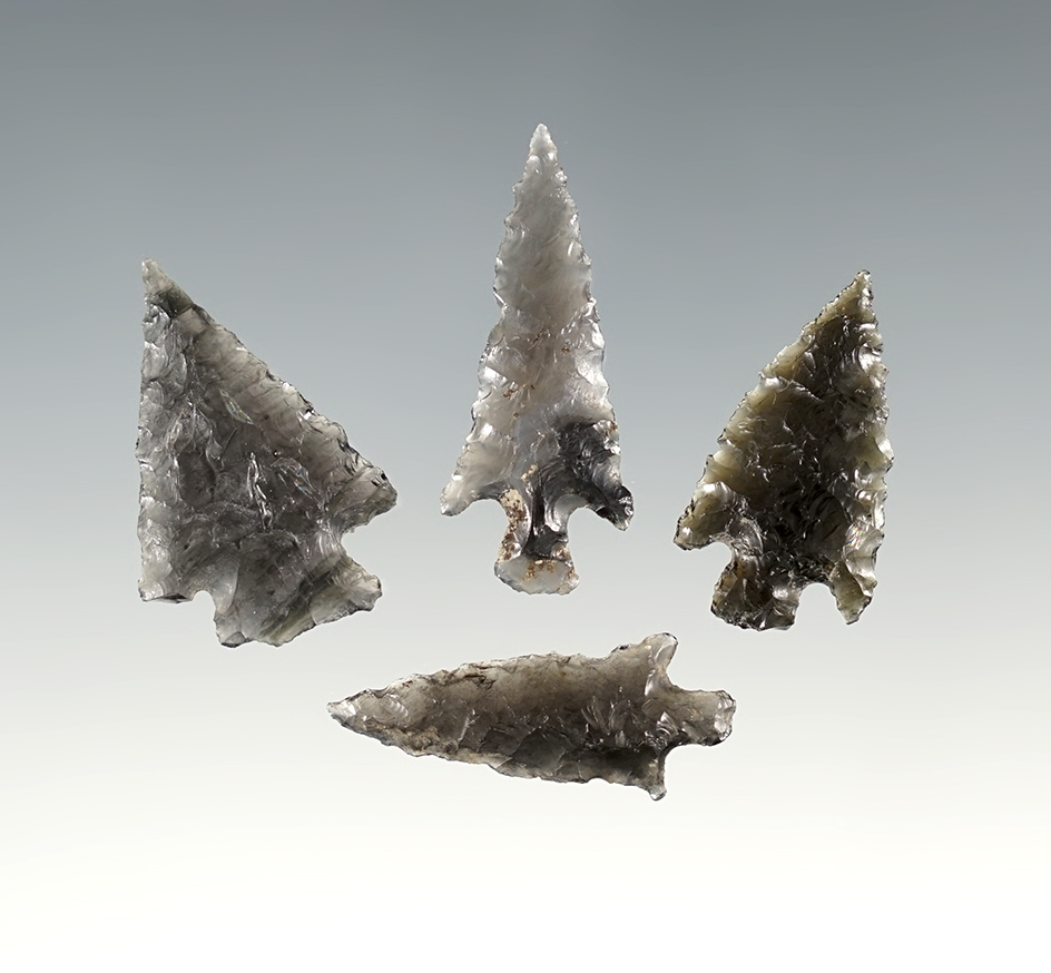 Set of 4 nicely made Obsidian points found in Lake Co., Oregon. The largest is 1 3/8".