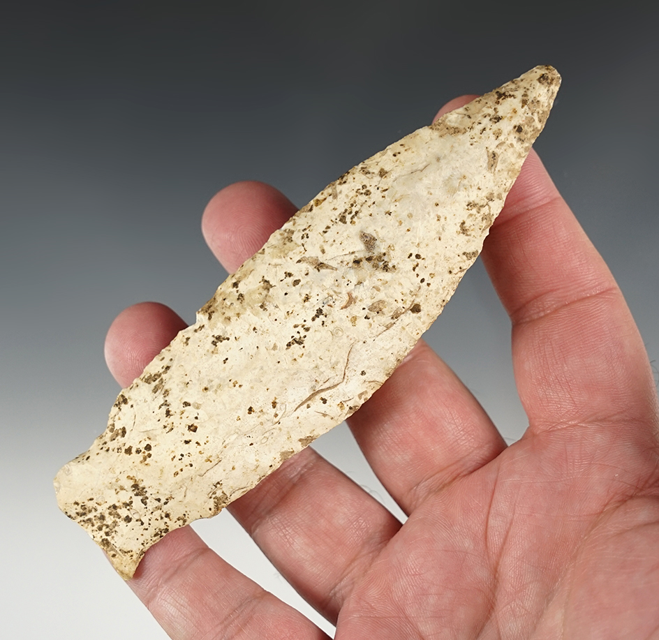 Heavily patinated 5 1/16" Rice Side-Notched Knife found in the Missouri area. Bennett COA.