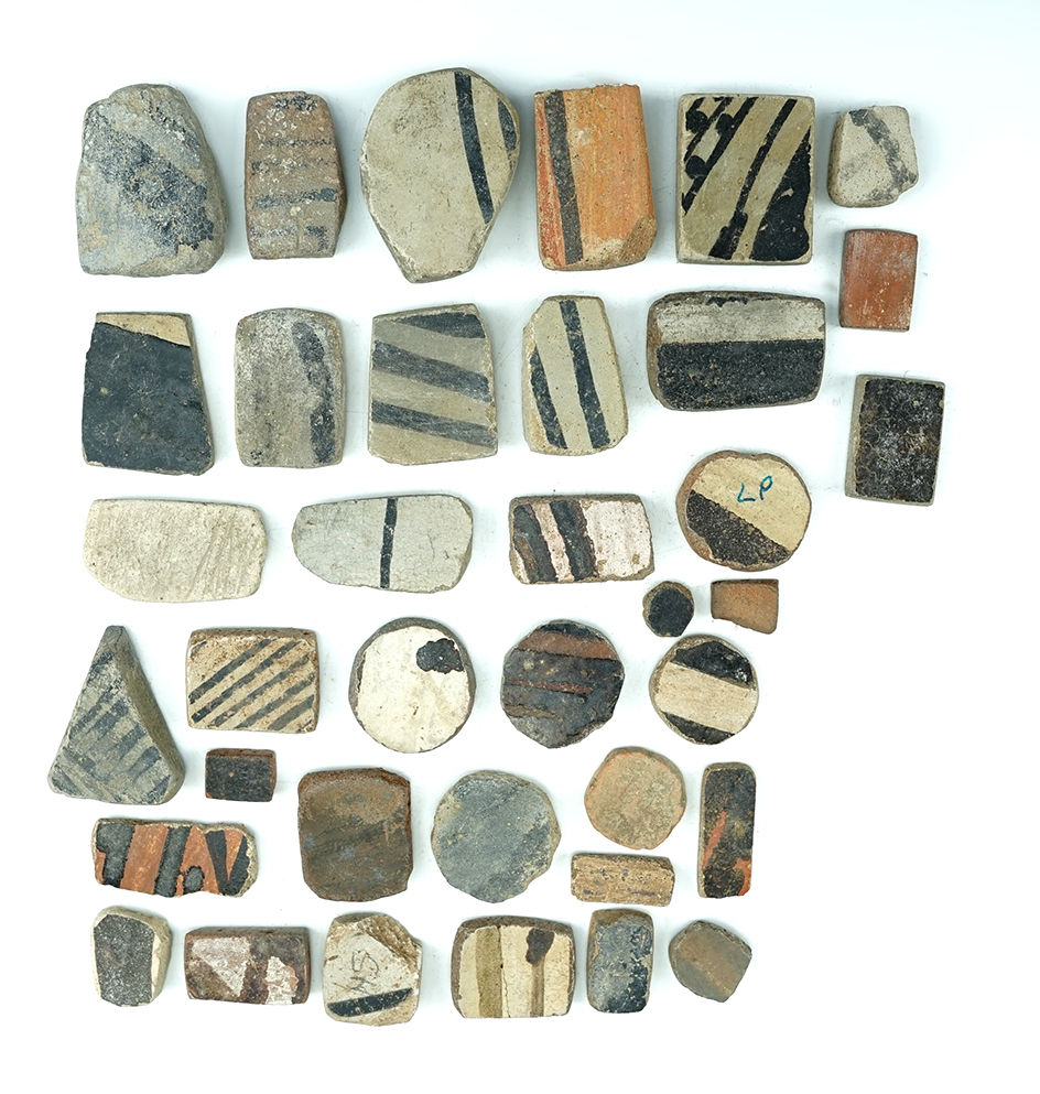 Set of 36 anciently salvaged pottery shards in various shapes. All found in New Mexico. The largest