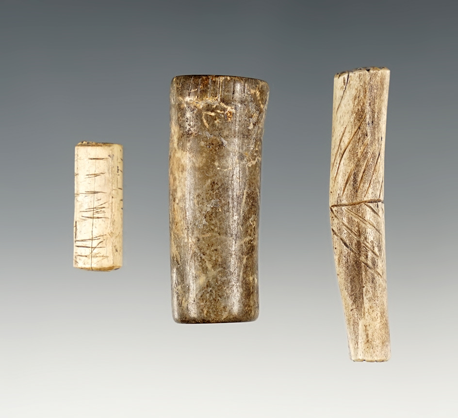 Set of 3 Engraved Bone Beads found in Umatilla, Oregon. The largest is 1 15/16".
