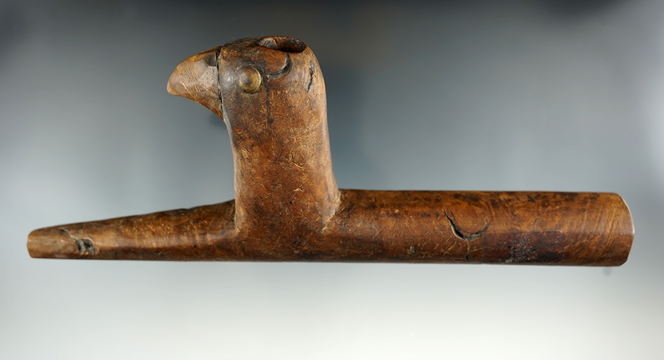 Unique! Nicely carved 7 3/4" long historic era Burl Wood Avian Effigy Pipe from New York.