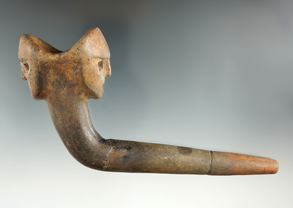 5 3/4" Janus Maskette Human Effigy Pipe with restoration to the bowl and 2 breaks reglued. NY.