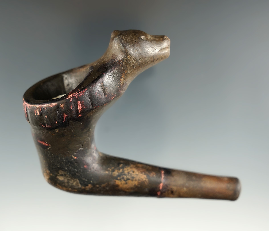 3 1/16" Iroquois Clay Bear Effigy Pipe with restoration to the bowl rim, elbow,  glued stem. NY.