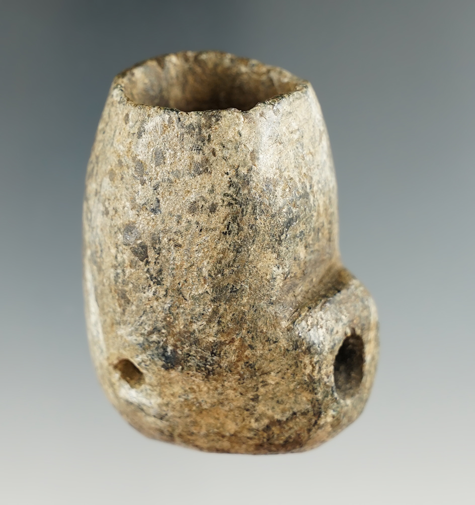 Uniquely styled 2 1/16" Steatite Stone Pipe with a carburetor hole in side.  Licking Co., Ohio.