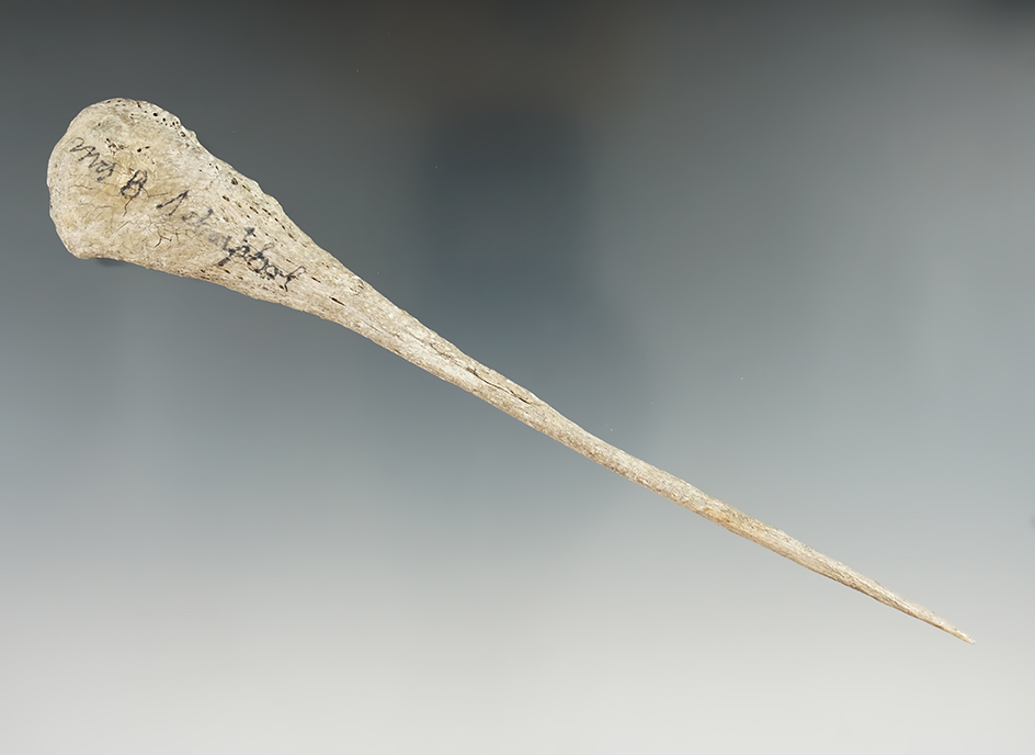 Nice! Long and thin 6 3/4" bone Awl found in Pennsylvania. It is rare to find Awls of this size