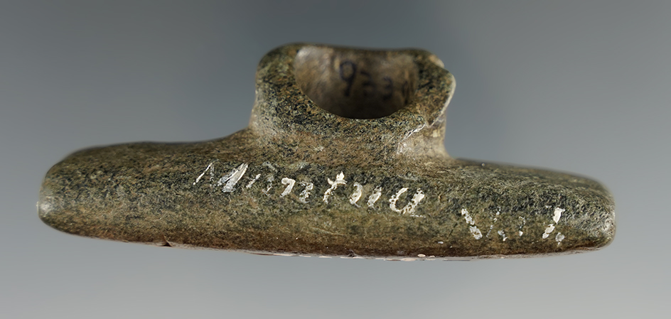 3 5/16" Platform Pipe made from deeply patinated green steatite found in Mantua New Jersey.