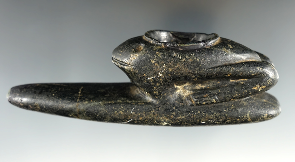 Extremely rare 5 1/2" long Serpentine Frog Effigy Platform Pipe with minimal restoration to bowl.