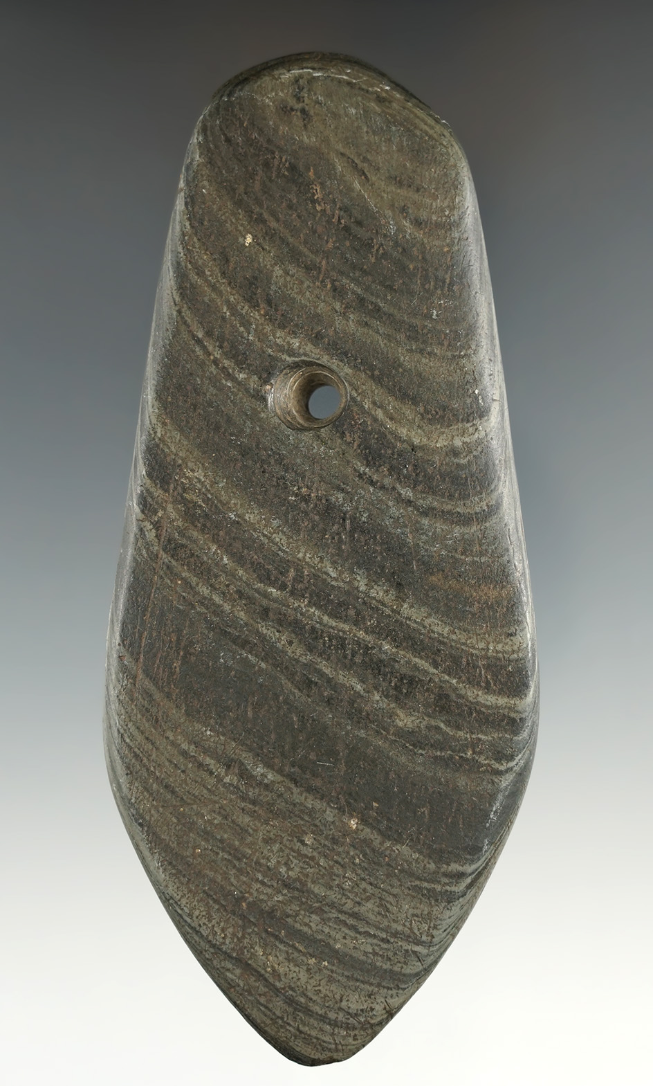 4 11/16" Banded Slate Pendant found in Boone Co., Indiana. Pictured. Davis COA. Ex.  Payne.