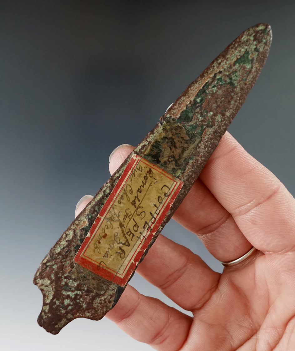 4  5/8" Stemmed Old Copper Culture Spear Point found by C. Holcomb in Ionia Co., Michigan.