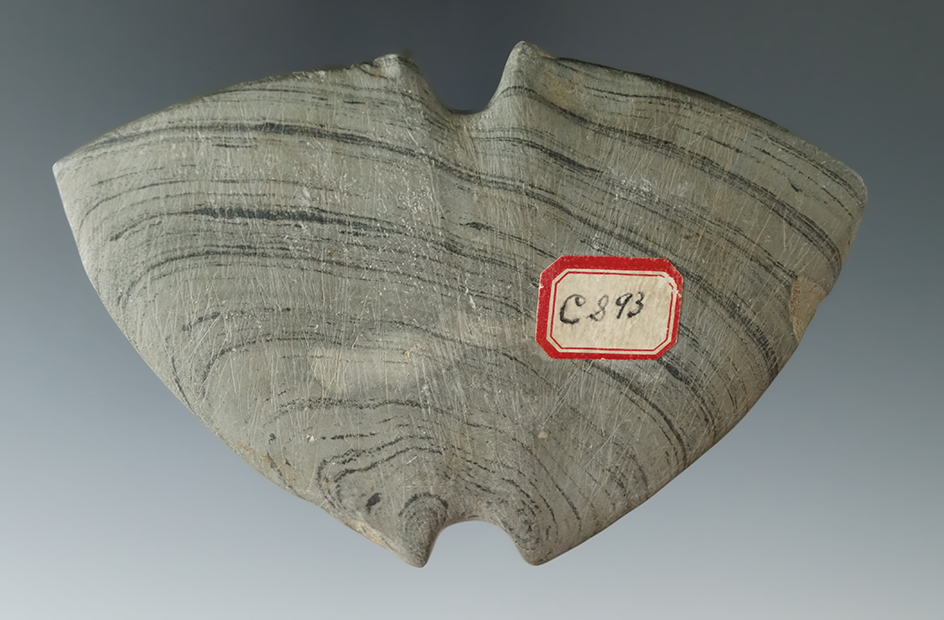 Exceptional! Rare and nice 4 1/8" Tie on Double Notch Wing Bannerstone found in Michigan.