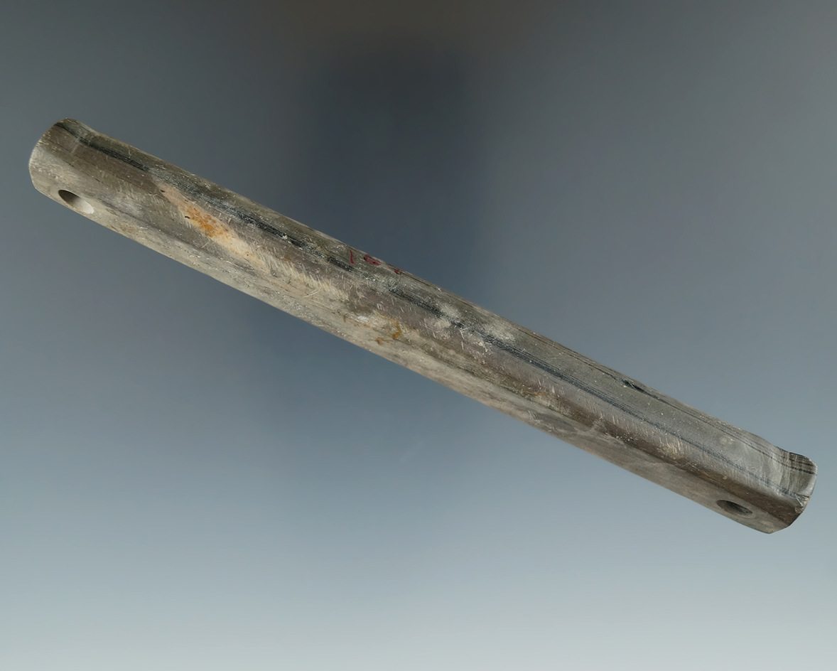 5 7/16" Drilled Bar Amulet made from banded Glacial Slate found in Wood Co., Ohio.