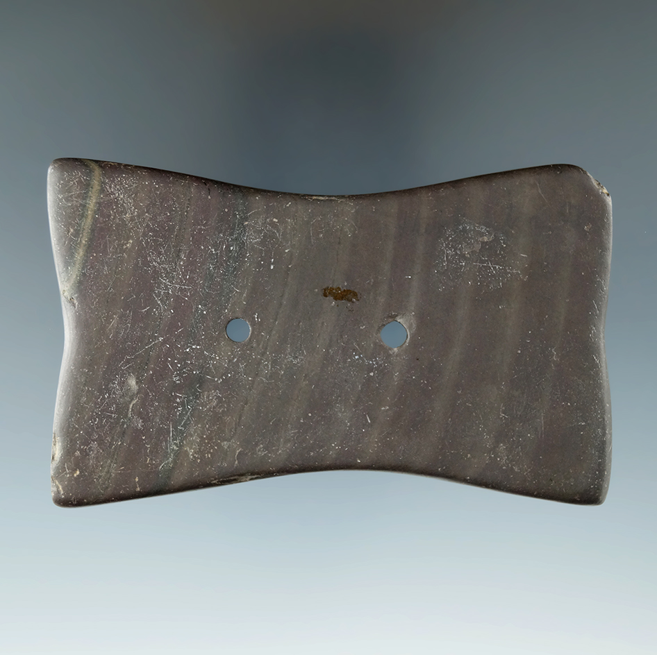 3 11/16" Quadriconcave Gorget found in Huntington Co., Indiana - banded Slate. Davis COA.