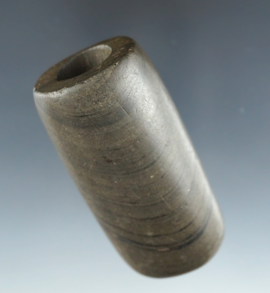 2 1/2" Tubular Bannerstone found in Fairfield Co., Ohio. Ex. William Moore. Dickey COA.