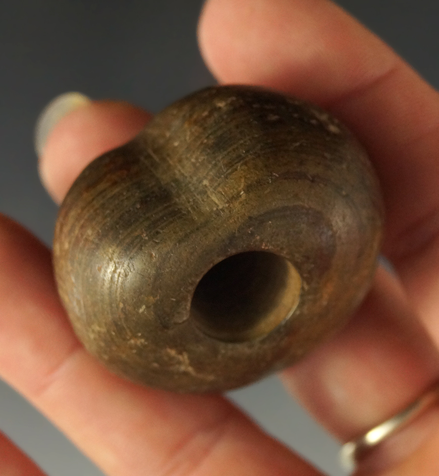 1 1/16" Fluted Ball Bannerstone made from green banded slate found in Ohio. Jackson COA.