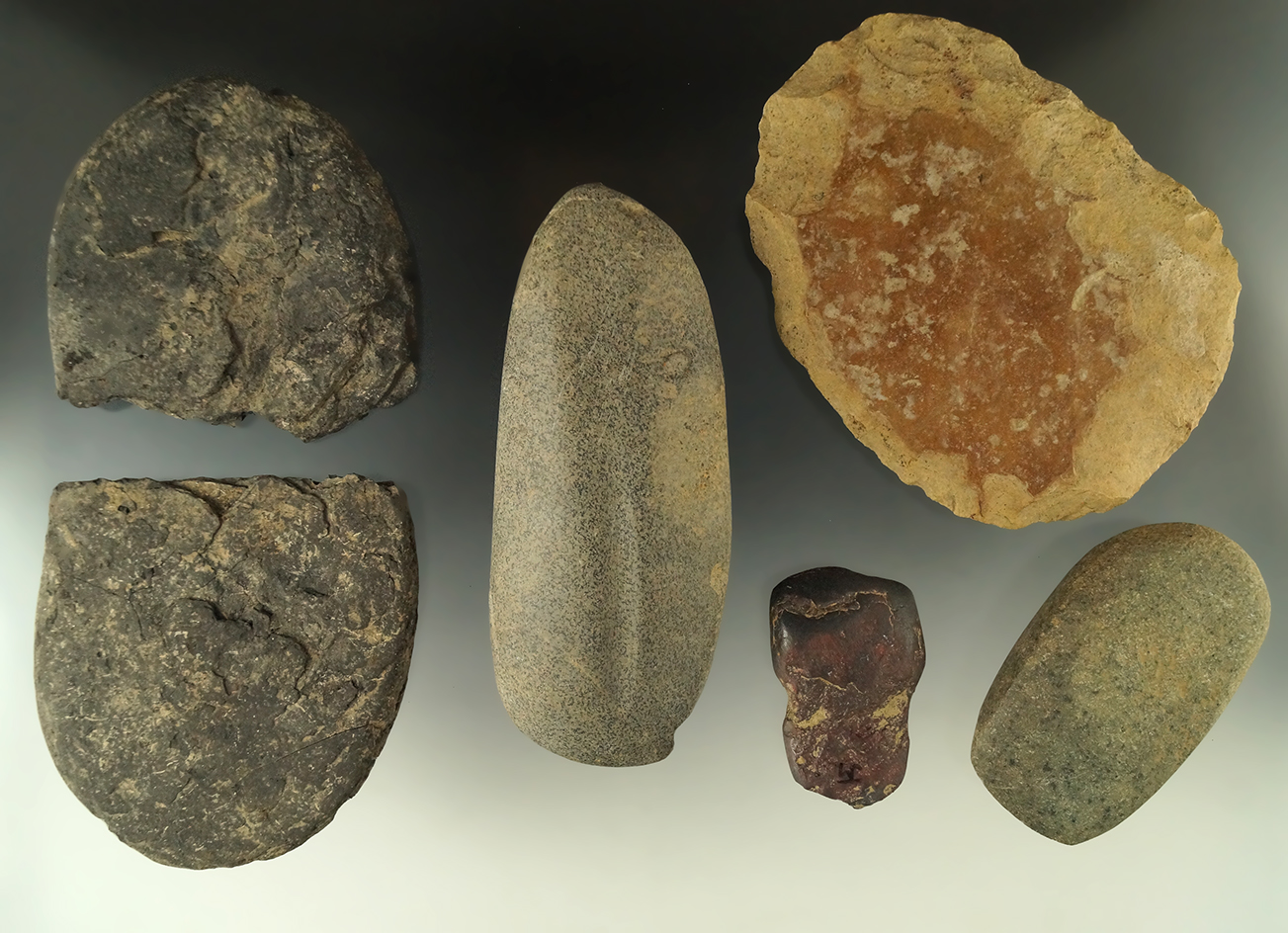 Group of five assorted stone tools found in Ohio by Jim Mills. Largest is 5".