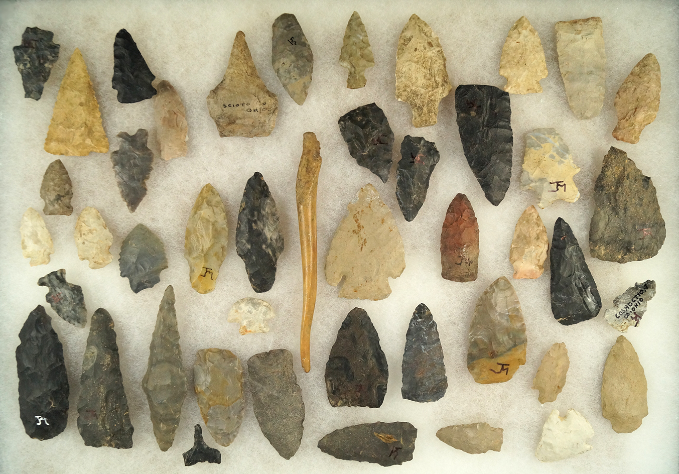 Large group of assorted Ohio artifacts, including a 5 1/4" bone Awl.