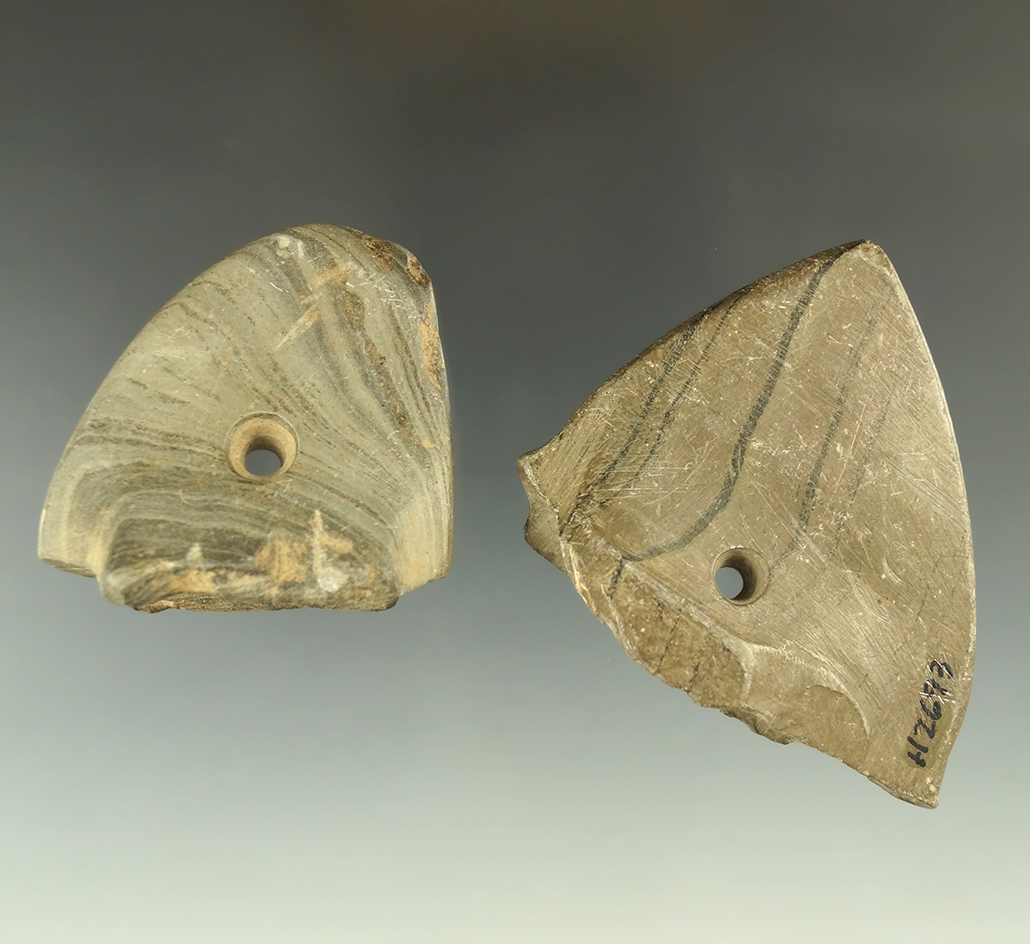 Pair of anciently damaged and salvaged banded slate Bannerstone wings, largest is 2 3/8". Ohio.