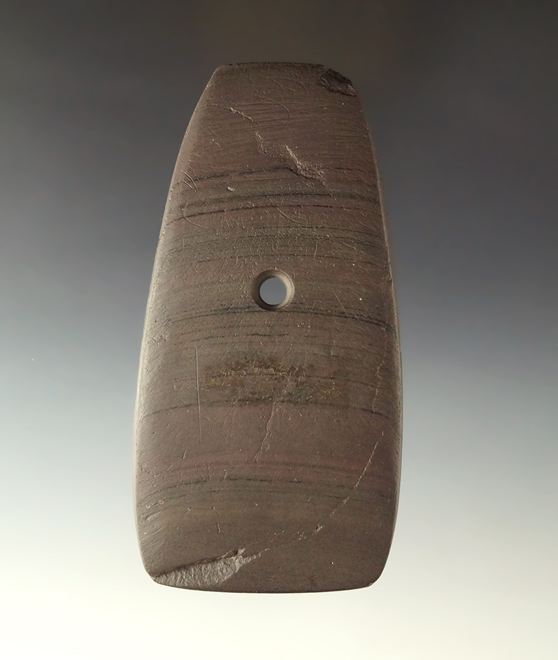 4 1/2" brown and black banded slate Pendant found in Cuyahoga Co., Ohio. Davis COA.