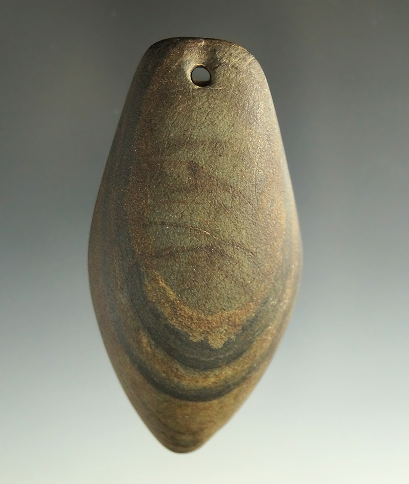 2 7/8" drilled Plummet made from banded slate found in Ohio.