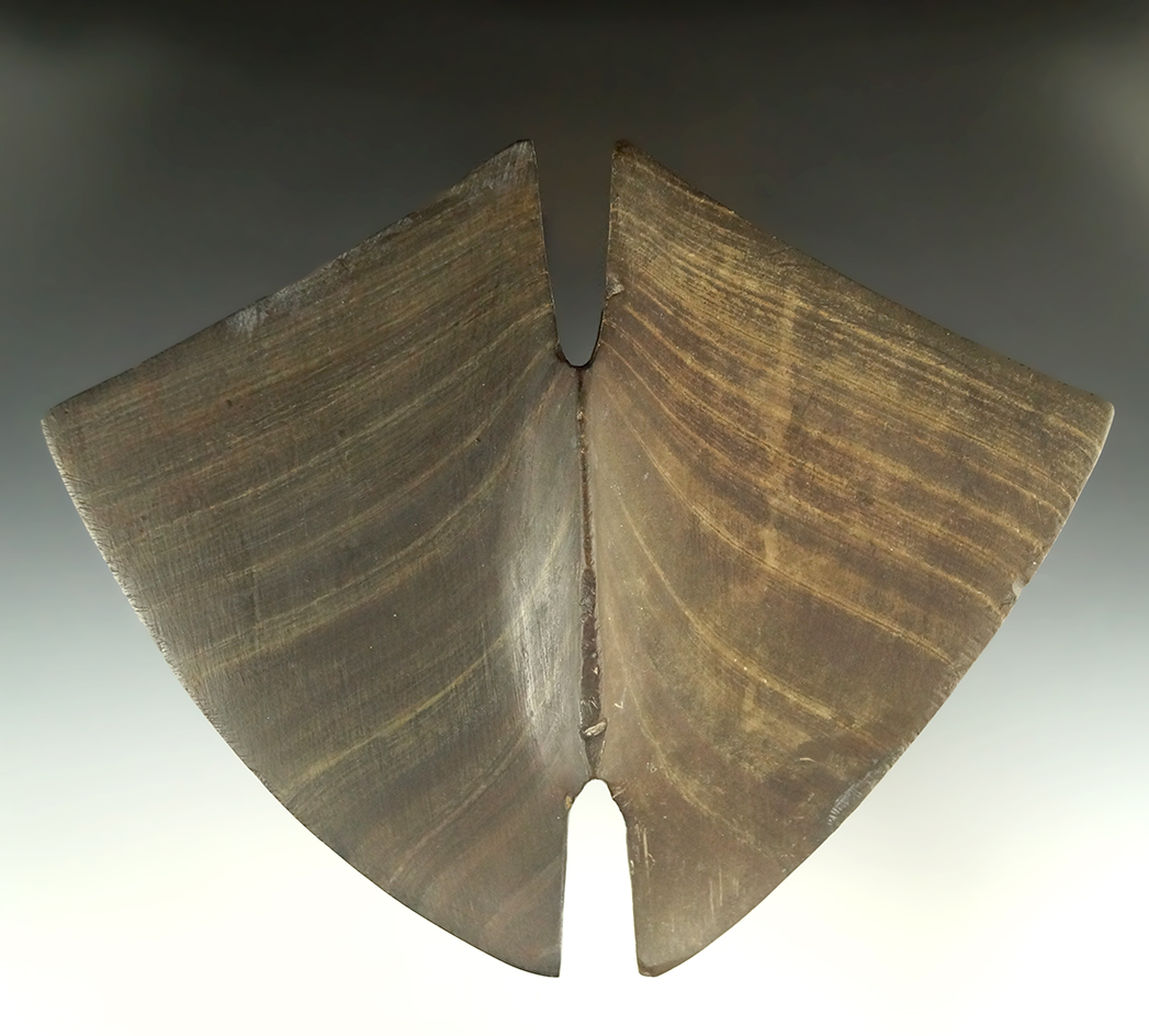 Half restored Archaic Double Notched Butterfly Bannerstone. Found in Ohio.