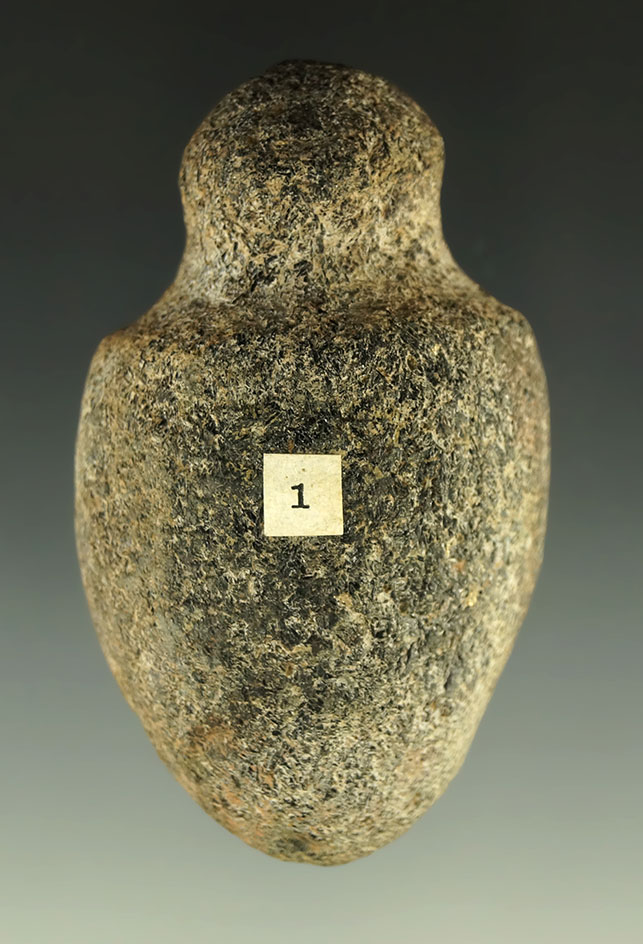 Uniquely styled 2 13/16" grooved Hardstone Plummet, Ohio. Once glued to a board. Ex. R.Merritt.