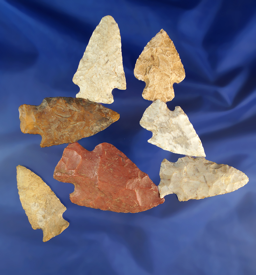 7 assorted Midwestern arrowheadsfound in the Marshall/Peoria counties Illinois area by M. Goddard.