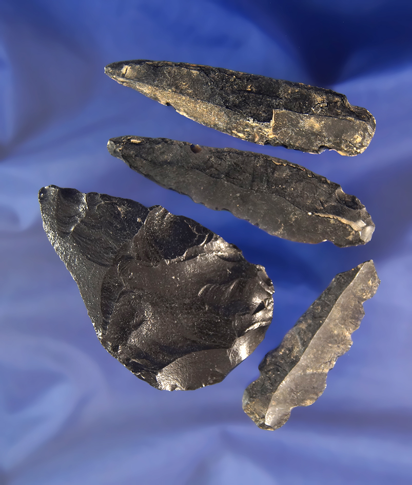 Set of four pre-Columbian Obsidian artifacts found in Mexico, largest is 2 3/4".
