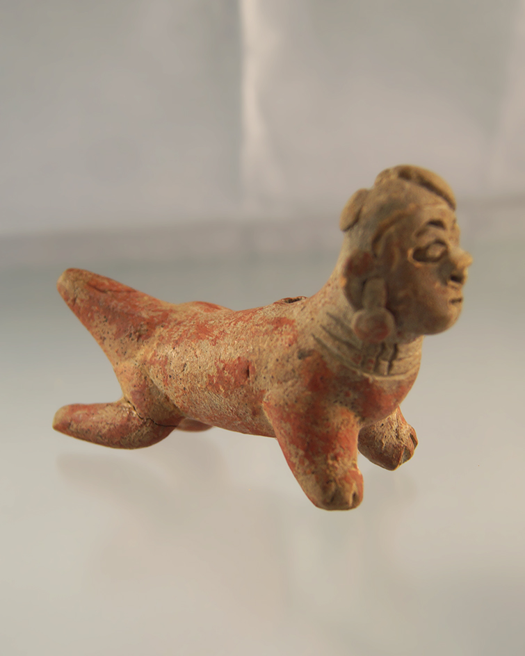 3 3/8" highly detailed pre-Columbian pottery figural whistle. One lady has been broken and glued.