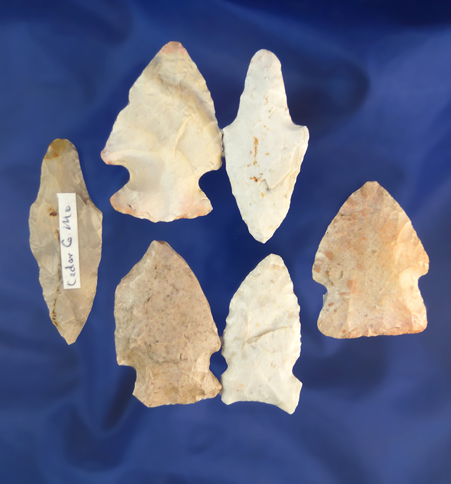 Set of six assorted Missouri arrowheads, largest is 1 7/8".
