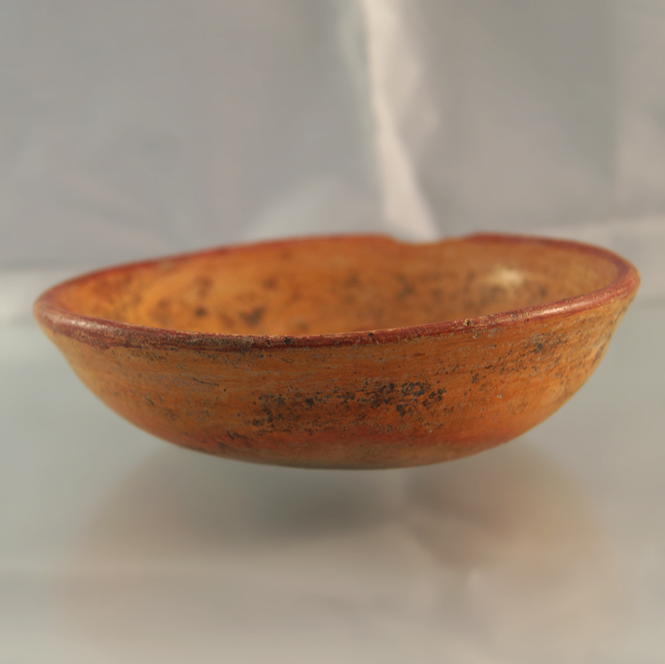 5" wide pre-Columbian pottery bowl - nice mineral deposits on the interior, one chip  still displays