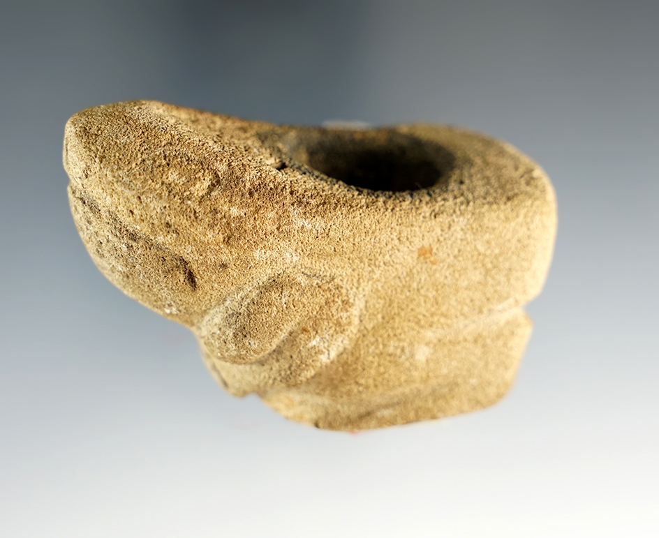 Excellent detail on this 2 9/16" Frog Effigy Sandstone Pipe in excellent condition. S. Ohio.
