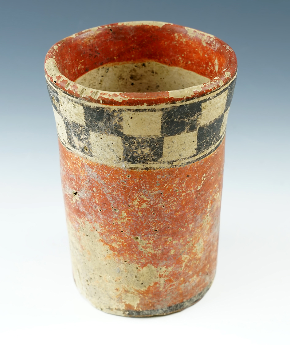 6 1/2" Tall x 4 1/2" Wide Classic Mayan Cylinder. Red with black and white checkerboard.