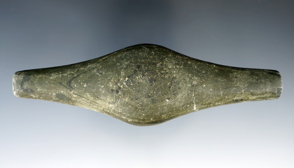 5 3/4" Undrilled Adena Expanded Center Gorget recovered in Indiana. Pictured in Ohio Arch.