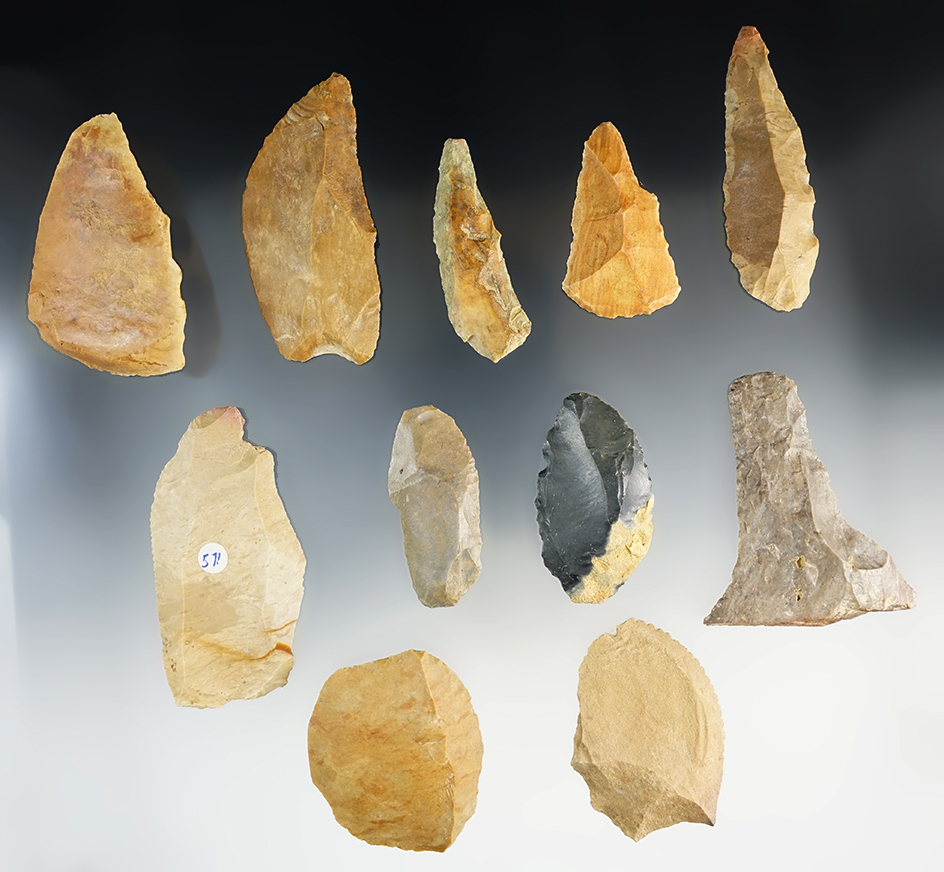 Set of 11 Paleo Uniface knives and tools found by Millard "Buster" Brown - Tennessee.