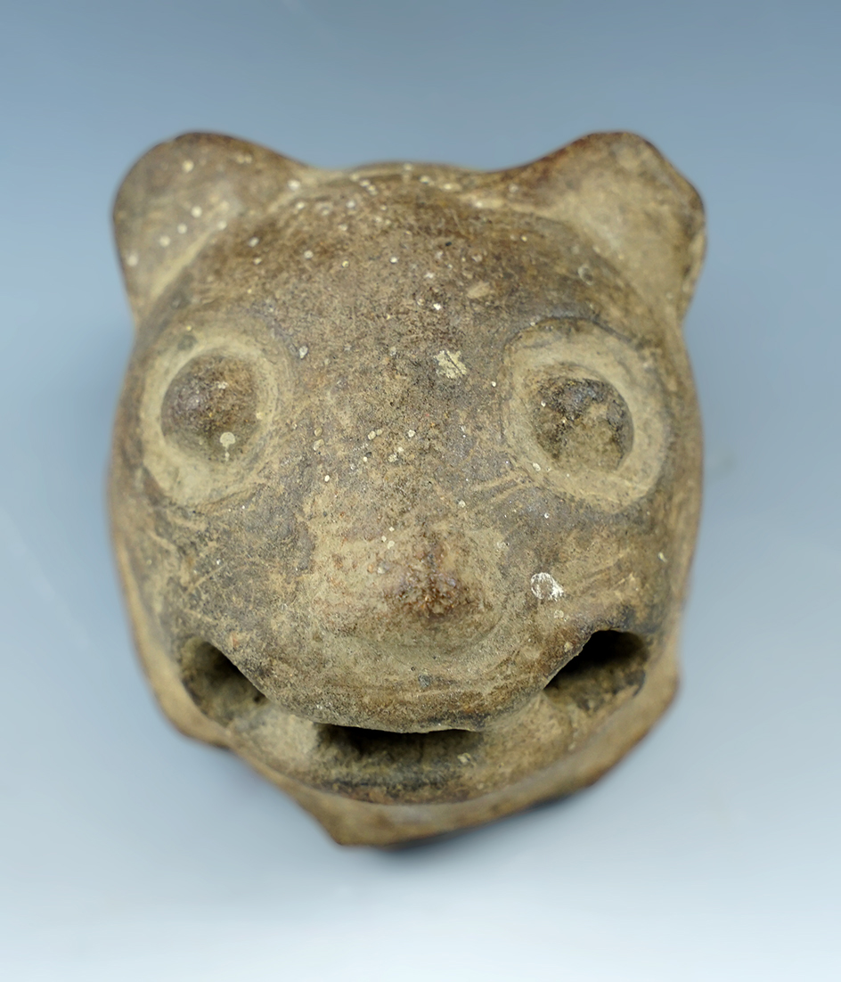 3" Tall Jaguar effigy Pottery Head found in Mesoamerica.