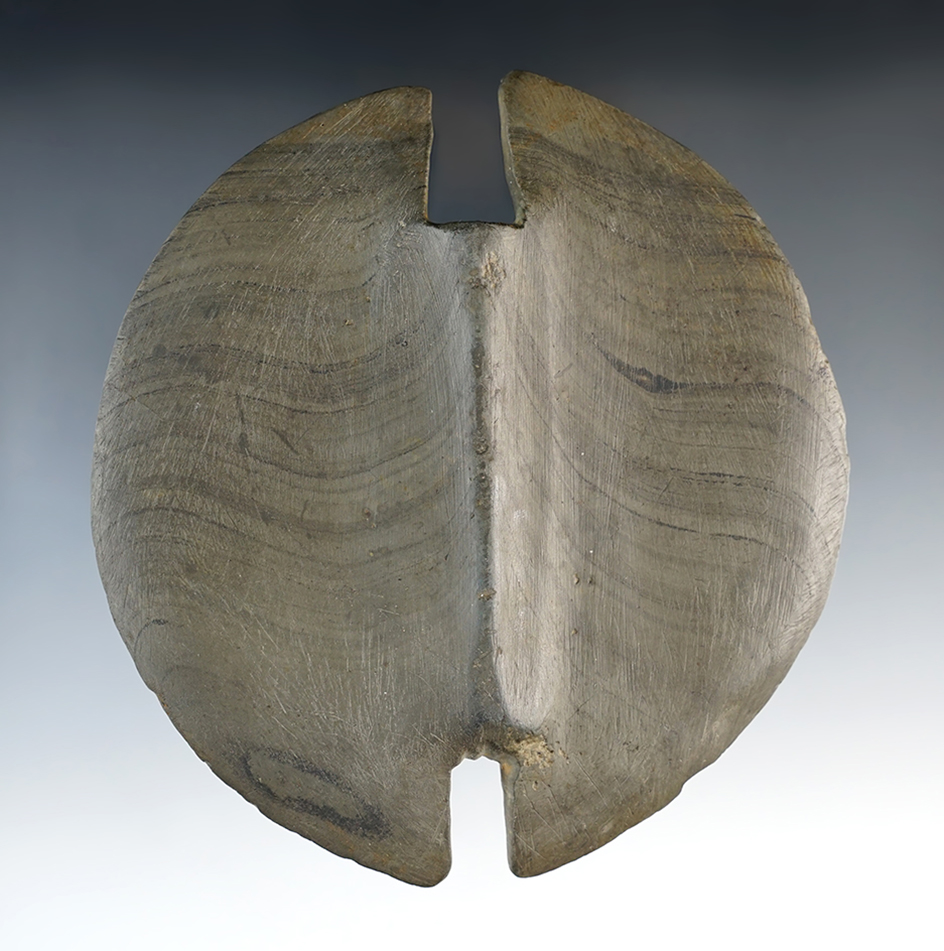 5 1/8" x 4 3/4" Rare Notched Ovate Bannerstone. Undrilled. Ex. Curly Platt. Pictured!