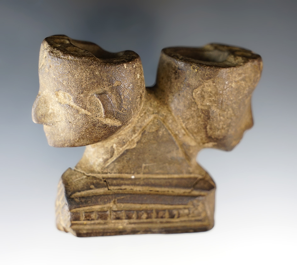 Sale Highlight! Incredible craftmanship highly detailed 3" Wide Janus Pipe carved from stone.
