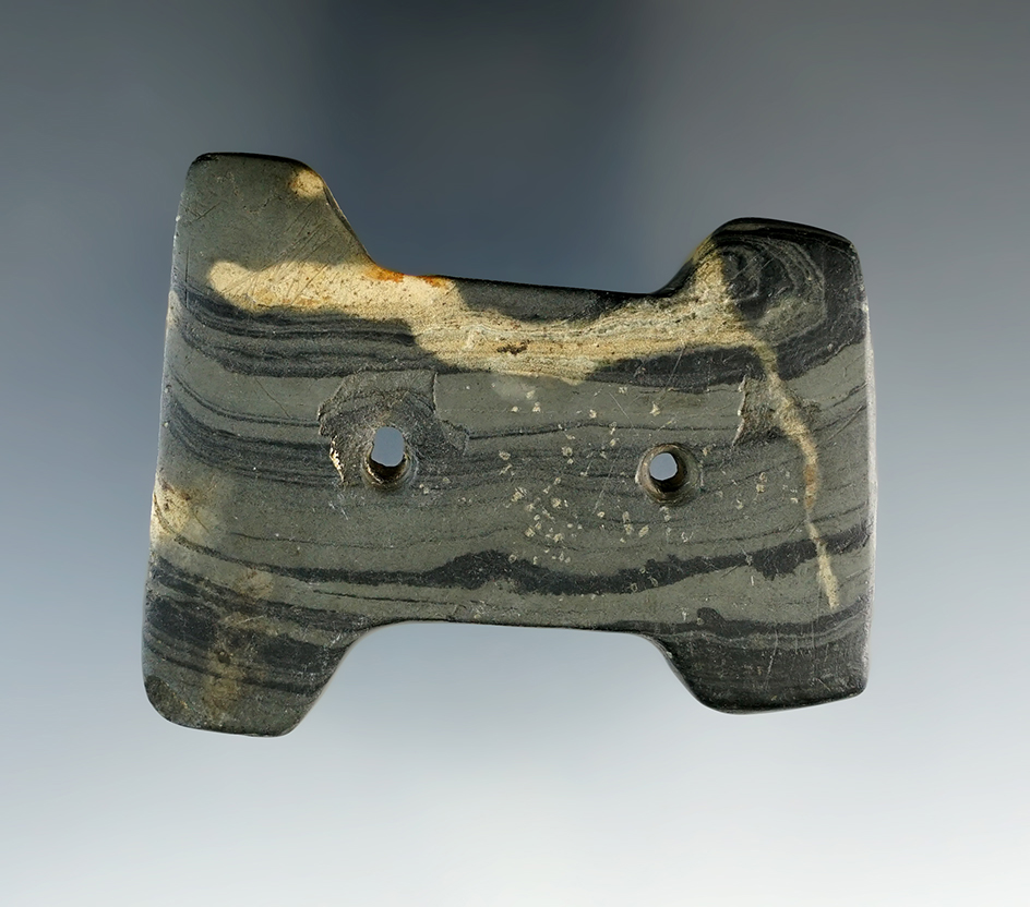 2 3/8" Hopewell Reel Gorget found in northern Ohio. Ex. Brent Heath, John Rummel.