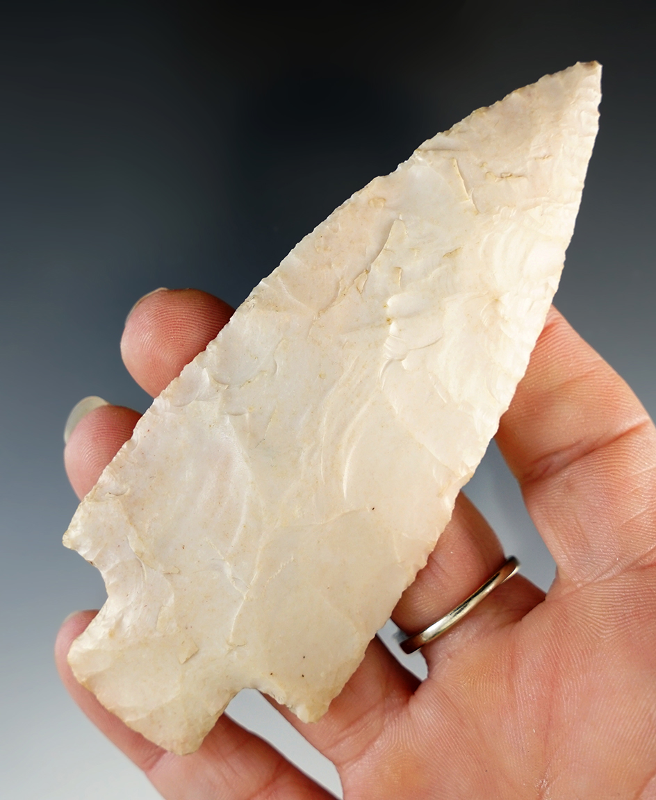 Thin and well made 4 3/16" Adena made from pink Burlington Flint. Found in Illinois.