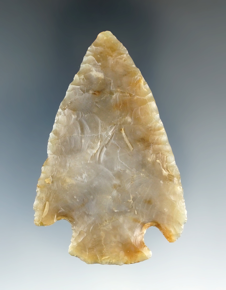 Exceptional 2 9/16" Flint Ridge Flint Hopewell that is highly translucent.  Livingston Co., NY.