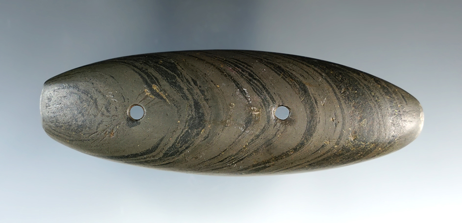 4 1/16" Boat Shaped Gorget made from highly banded Glacial Slate. Found in Hardin Co., Ohio