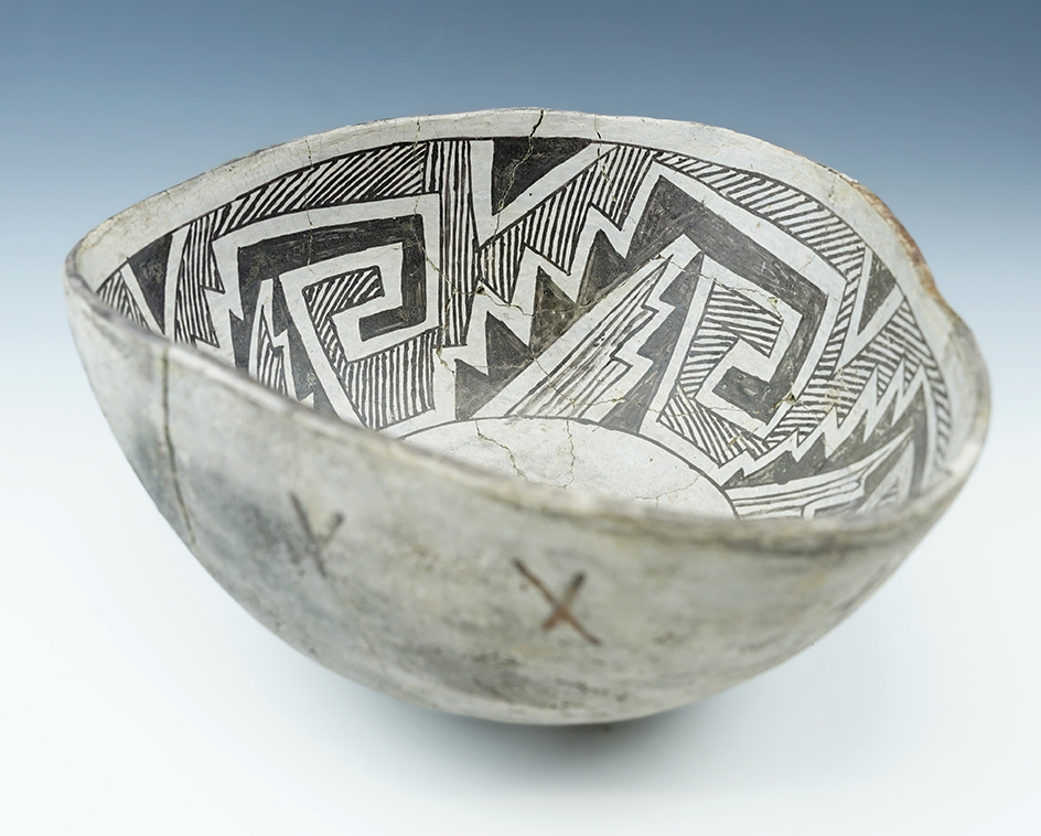 Uniquely shaped 8 1/4" Wide by 4 1/2" Tall Anasazi Bowl with excellent geometric design.