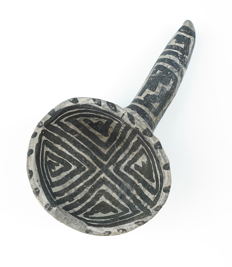4 1/4" Miniature Anasazi Handled Dipper, handle is reglued tight in one area. New Mexico.