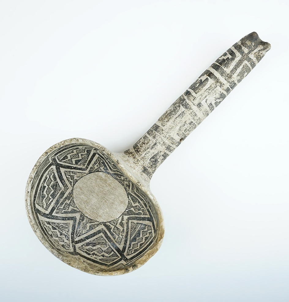 Exceptional paint design on this large 10 1/4" Long Anasazi Handled Pottery Dipper - solid.