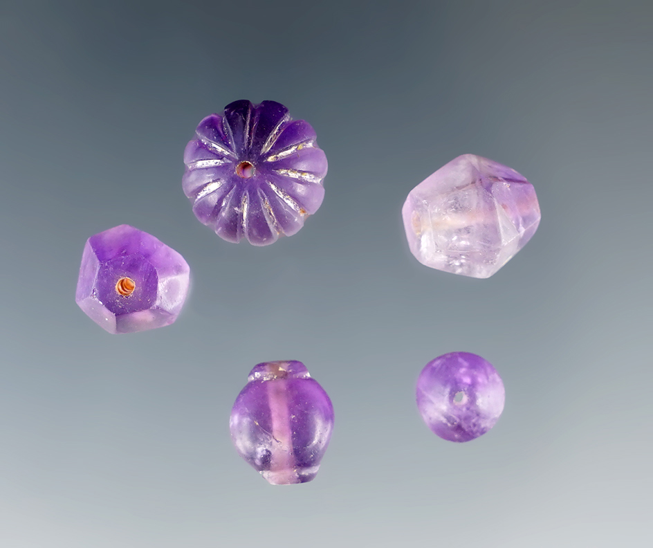 Set of five beautiful Roman drilled Amethyst Beads, largest is 7/16".