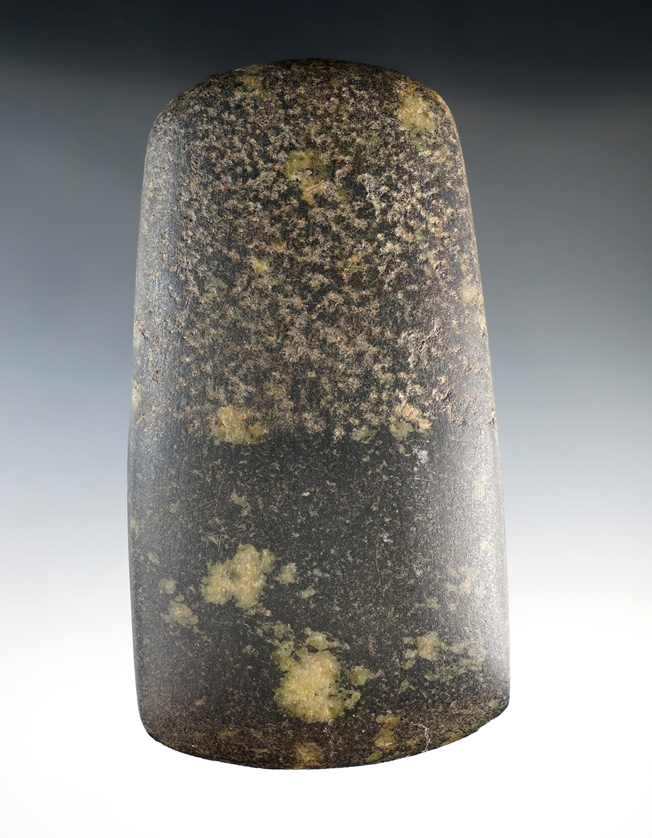 Well styled! 5 3/8" by 2 7/8" Hardstone Celt made from Porphyry, found in Illinois.