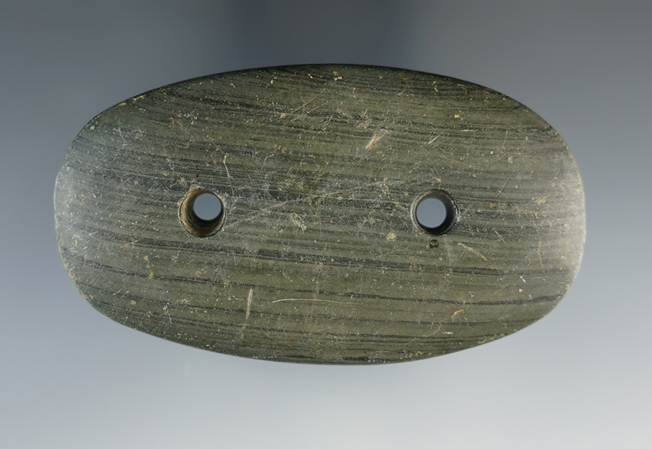 3 1/4" Ovate Gorget made from green Banded Slate. Found in Dekalb Co., Indiana. 2 COA's.