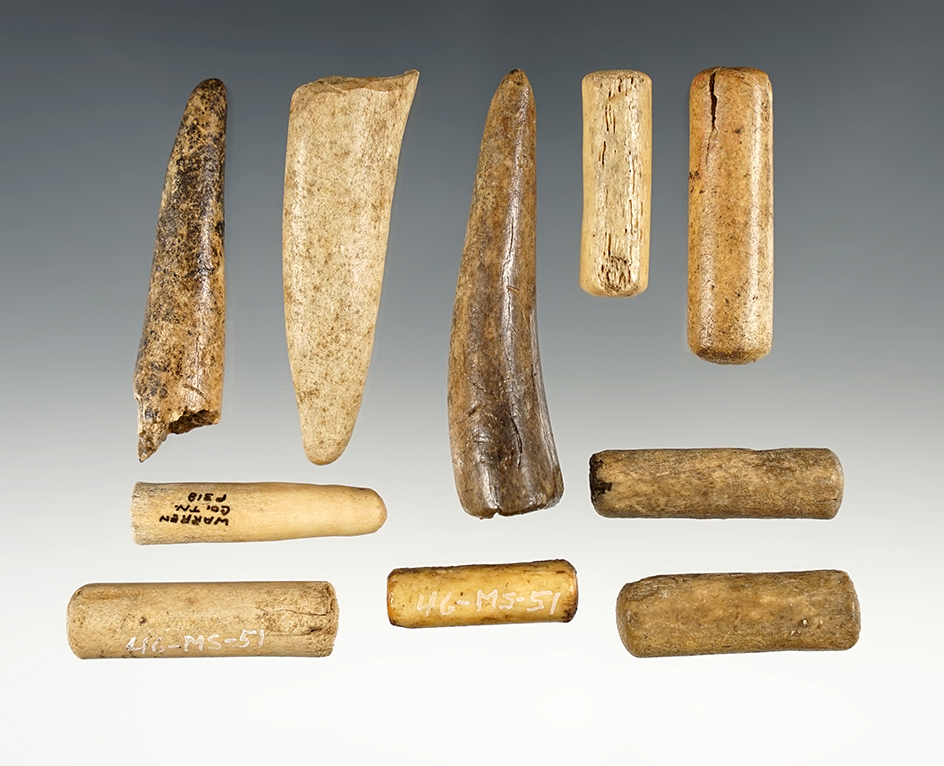 Set of 10 Assorted Bone artifacts found at The Fox Field Site in Mason Co., Kentucky.