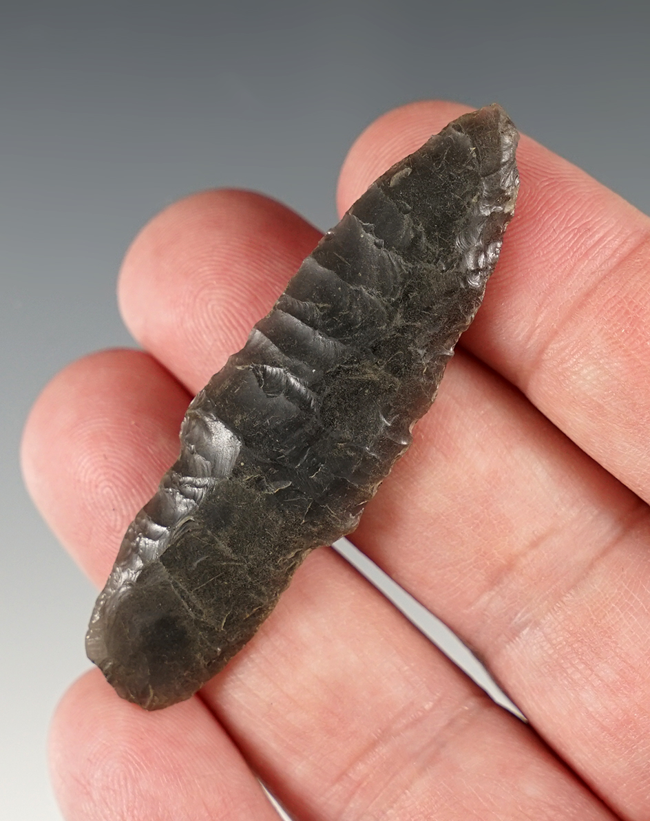 Very Rare 2 7/16" Paleo Lind Coulee. Heavy grinding to the stem area. Found in Oregon.