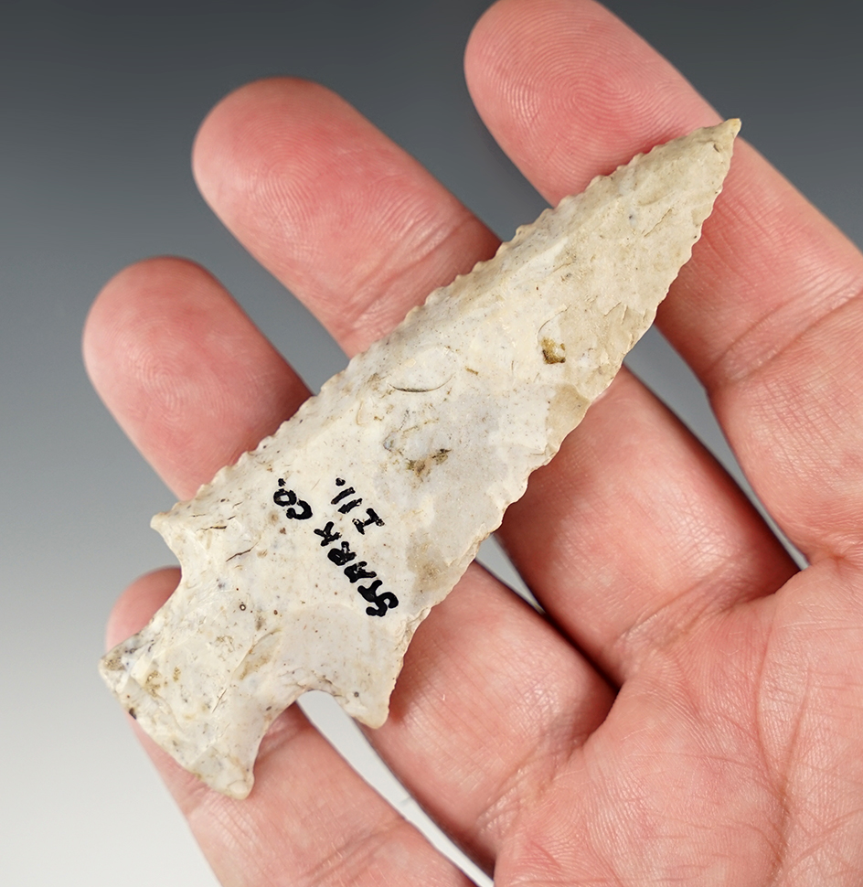 3 1/2" Barbed Hardin found in Stark Co., Illinois. Ex. Mel Wilkins. Nicely beveled.